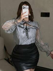 Dazy Plus Plus Size Elegant Commuter Lace Tie Blouse Fall - Dusty Purple - View 5