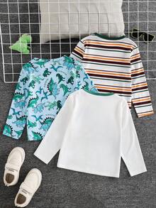 SHEIN Young Boy 3pcs Knit Kids Dinosaur Print Striped Crew Neck Casual T-Shirt Set - Multicolor - View 2
