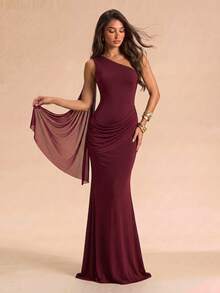 SHEIN Glamour Elegant Fashion Solid Color Ribbon Decor Women's Long Dress, Suitable For Evening Dinner Party, Bachelorette Party, Cocktail Party Summer - Burgundy - View 5