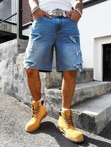 Manfinity EMRG Men's American Hip-Hop Street Style Star Patch Raw Hem Loose Wide Leg Pants - Medium Wash - View 4