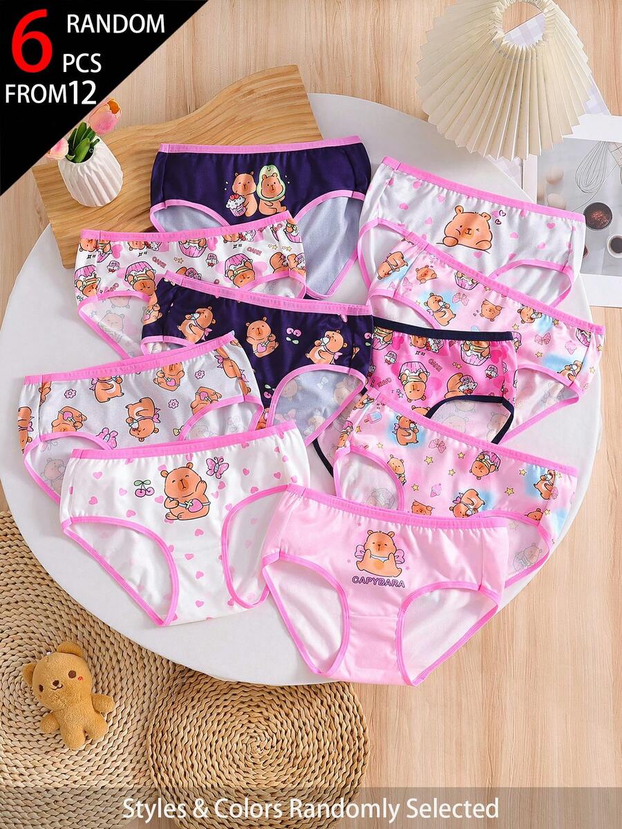 6pcs Girls Children Soft Underwear, Capybara Cartoon, Cute Heart Pattern, Pink, Navy Blue, Gray, White, Skin-Friendly Fabric, Home Night Winter