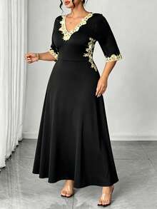 Elenzga Elegant Gold Trim V-Neck Cinched Waist Short Sleeve Plus Size Women's Dress - Black - View 6