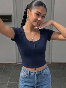 Teen Girl Summer New Snug Fit Versatile Navy Blue Ribbed Knit Round Neck Button Short Sleeve Top - Navy Blue - View 9