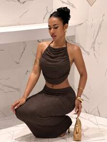 Slaydiva Women's Solid Color Pleated Cropped Halter Top And Skirt Slim Fit Vacation Two Pieces Set - Rust Brown - View 4