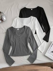 Teen Girls Casual Versatile Autumn/Winter Striped Large Scoop Neck Button-Front Long Sleeve T-Shirt - Multicolor - View 5