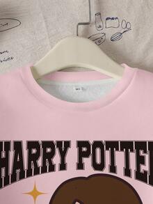HARRY POTTER X SHEIN 少女秋冬卡通印花刷毛衛衣 - 白色 - 查看 3