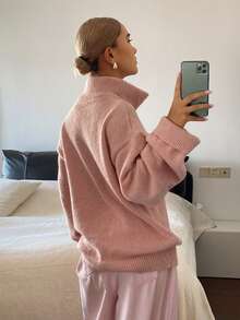 DAZY Sweater Rajut Wanita Warna Polos Longgar Kerah Tinggi Resleting Lengan Panjang Kasual untuk Liburan Musim Semi dan Gugur - Berwarna merah muda - View 5