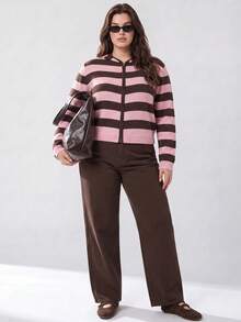 Solavibe Plus Size Light Pink Zip‑Up Hooded Knit Cardigan, Campus Daily Wear, Autumn, Back To School Formal Date Night Going Out Y2k 90s 1960s - Pink - View 5