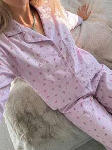 DAZY Women's Ditsy Floral Short Top & Long Pants 2 Pieces Pajama Set, Summer Autumn Winter - Mauve Purple - View 6