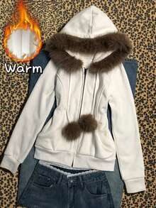 Franclia Solid Color Faux Fur Patchwork Hooded Zip-Up Long Sleeve Jacket - White - View 6