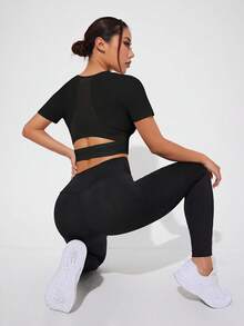 SHEIN Sports Women Sports Tees & Tanks Memotong Plain - Hitam - View 4
