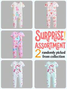 [2 Sets Random] Baby Girls Soft Knit Snug Fit Pajamas Short Sleeve & Shorts Romper Cute Multicolor Cartoon Print Casual Nightwear Spring Autumn - Multicolor - View 6
