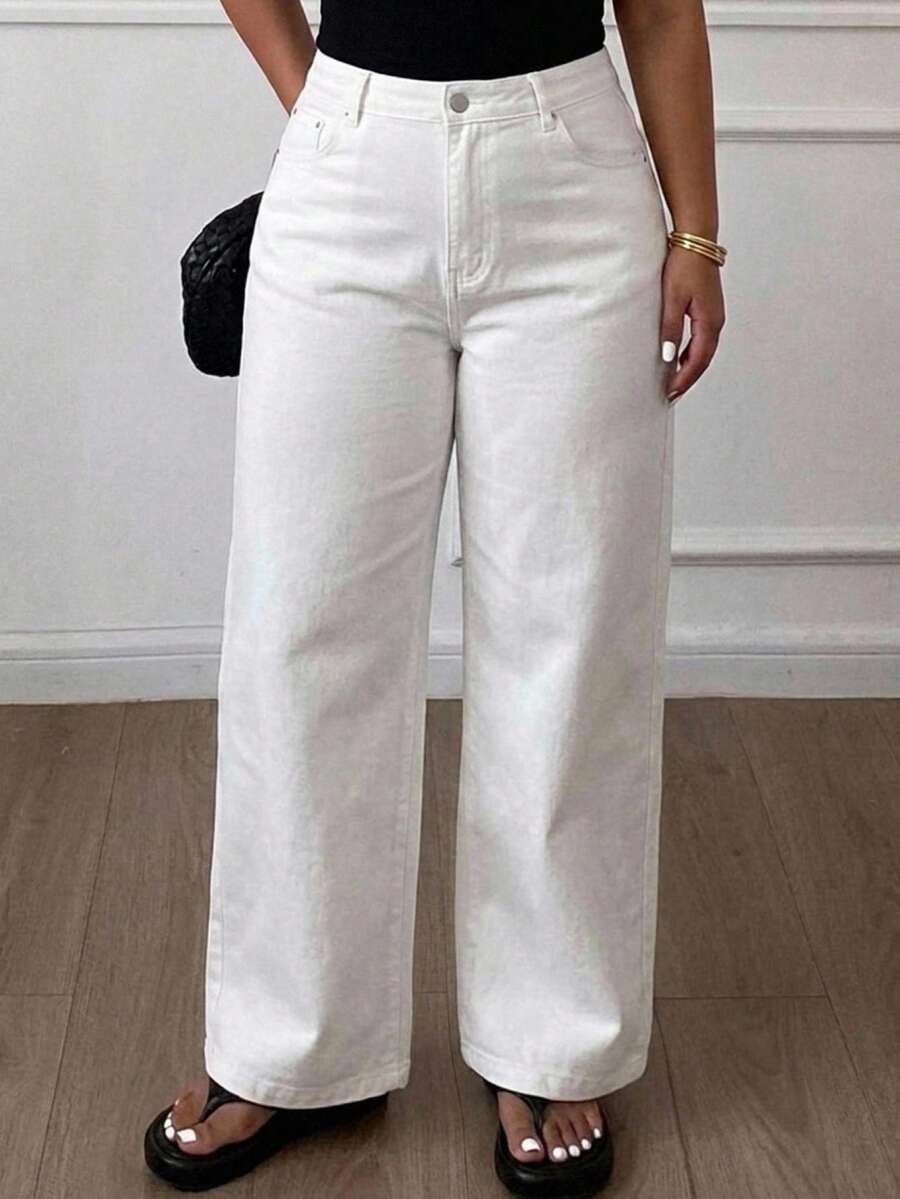 Dazy Plus Autumn New Regular Mid-Waist Loose Straight Leg Casual White All-Season Plus Size Women's Long Denim Jeans - White - View 1