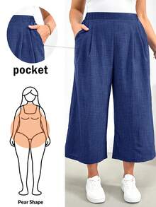 SHEIN Essnce Plus Size Women's Solid Color Pleated Pocket Wide Leg Cropped Pants - Royal Blue - View 1