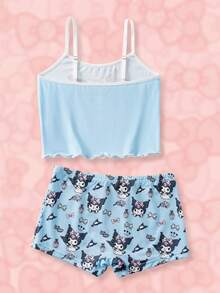HELLO KITTY AND FRIENDS | SHEIN Set Pakaian Kasual Sehari-hari untuk Remaja Perempuan: Atasan Camisole Motif Kartun Huruf dan Celana Dalam Hipster - Biru - View 2