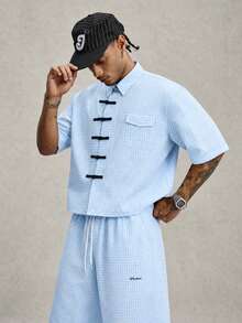 PAVTROS Men's Blue New Chinese Frog Button Short Sleeve Shirt And Drawstring Shorts Set, Plaid Set - Blue - View 5