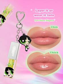 THE POWERPUFF GIRLS X SHEIN 1件裝綠色亮澤珍珠光澤唇彩，附吊飾，絲滑滋潤唇釉，可疊擦或單獨使用，打造玻璃般亮澤唇妝 - 綠色 - 查看 2