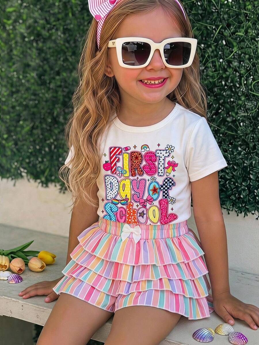 Emery Rose Kids 女童小女孩針織純色圖案圓領休閒T恤與荷葉邊下擺短褲2件套 開學季