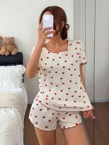 Napfluff Women's All-Over Print Short Sleeve Top And Shorts Casual Daily Home Sleepwear Set - Apricot - View 7