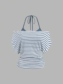 Sweetra 女款夏季度假風條紋不對稱剪裁露背透視背心 T-shirt - 藍白色 - 查看 1