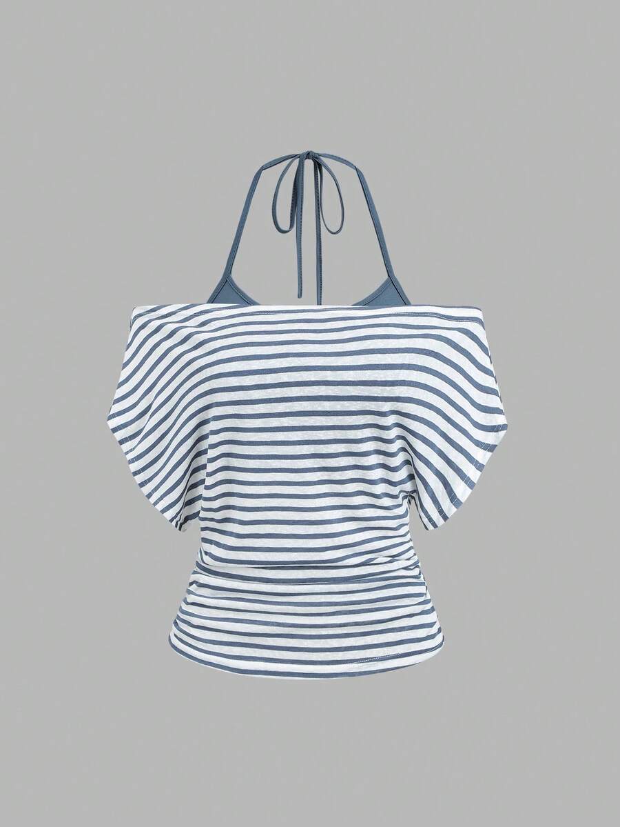 Sweetra 女款夏季度假風條紋不對稱剪裁露背透視背心 T-shirt - 藍白色 - 查看 1