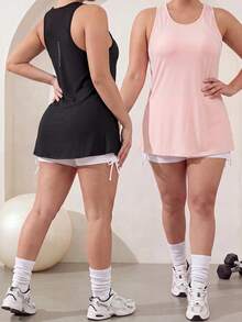 SHEIN Dewbera Plus Size Women's Sports Tank Top 2 Pieces Set Gym Pilates Black Light Pink Summer - Multicolor - View 1