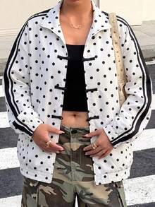 Muchica Plus Size Women's Polka Dot Pattern Frog Button Design Lightweight Jacket - Black and White - View 5
