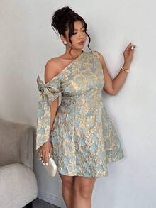 Elenzga 大码女士优雅夏季度假迷你连衣裙，不对称蝴蝶结腰身A字提花面料短款派对连衣裙，适合婚礼、聚会、约会等场合。 - 綠色 - 查看 5