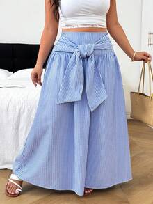 SHEIN EZwear Striped Casual Plus Size Women's Front Knot Skirt - Blue and White - View 7