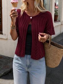 Flora Isola Flora Isola Spring/Summer Elegant Mature Style Knitted Cover Up, Round Neck Mid-Sleeve Single-Breasted Hollow Vertical Stripe Cropped Shrug, Versatile French Style Outer Layer For Daily Commute, Dating, Vacation, Layering, Women's Cardigan - Burgundy - View 2