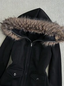 StreetHx 女士黑色保暖内衬束腰毛领夹克，Y2K 叛逆风，朋克摇滚风，修身舒适，适合万圣节，2000 年代街头服饰，长袖连帽修身款 - 黑色 - 查看 3