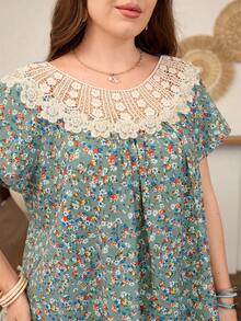 Lacomfia Floral Print Patchwork Collar Casual Loose Comfortable Short Sleeve Round Neck Plus Size Dress - Green - View 6