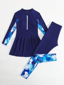 SHEIN Setelan Tankini Anak Perempuan Usia 8-12 Tahun, Warna Biru Tua, Motif Patchwork Daun Tropis, Atasan Lengan Panjang dan Celana Panjang, 2 Potongan, Pakaian Renang Pantai Pelindung Matahari - Navy Blue - View 3