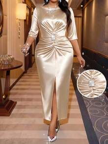 SHEIN Lady Plus Size Women's Solid Color Boat Neck 3/4 Sleeve Waist Rhinestone Decor Pleated Elegant Dress - Apricot - View 1