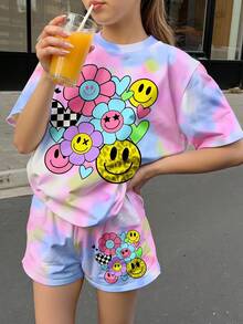 SHEIN Leap Crew 2 件扎染脸花、心、豹纹休闲少女短袖上衣和短裤套装，适合夏季、海边、复古风格、休闲度假风格、可爱的 Y2K 椰子女孩波西米亚音乐节、夏季 - 彩色 - 查看 1