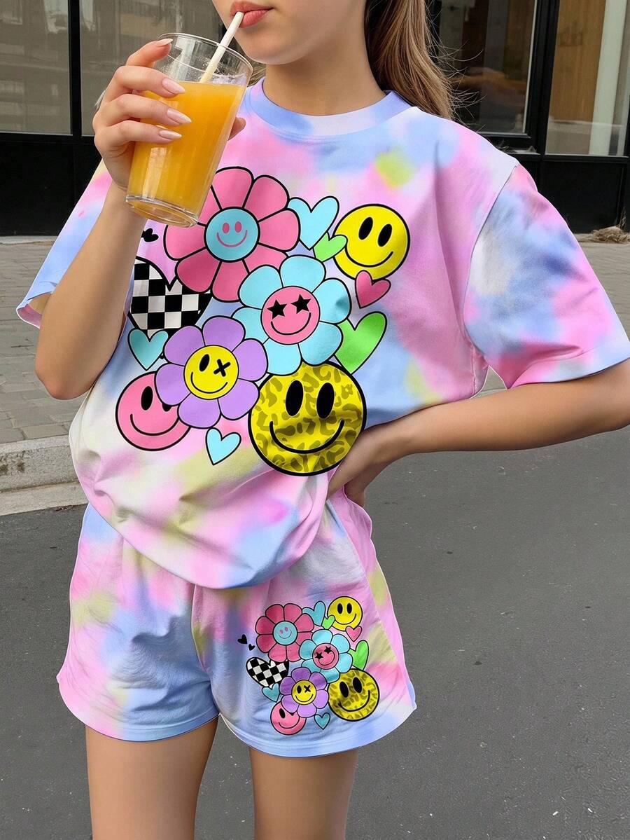 SHEIN Leap Crew 2 件扎染脸花、心、豹纹休闲少女短袖上衣和短裤套装,适合夏季、海边、复古风格、休闲度假风格、可爱的 Y2K 椰子女孩波西米亚音乐节、夏季 - 彩色 - 查看 1
