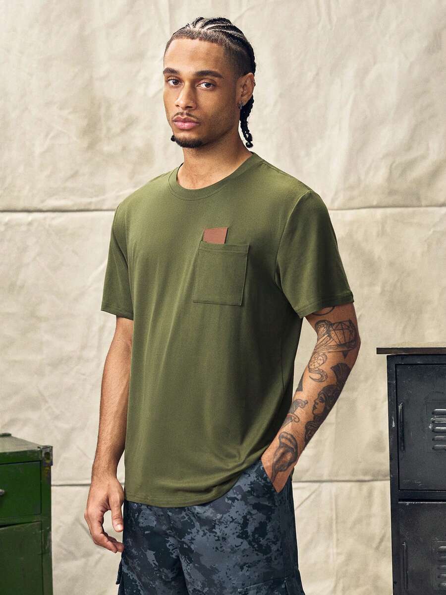 Norleigh Men's Crew Neck Short Sleeve T-Shirt With Chest Pocket Leather Label,Olive Green,Summer,Casual,City Break,Outdoor Daily Leisure - Army Green - View 1