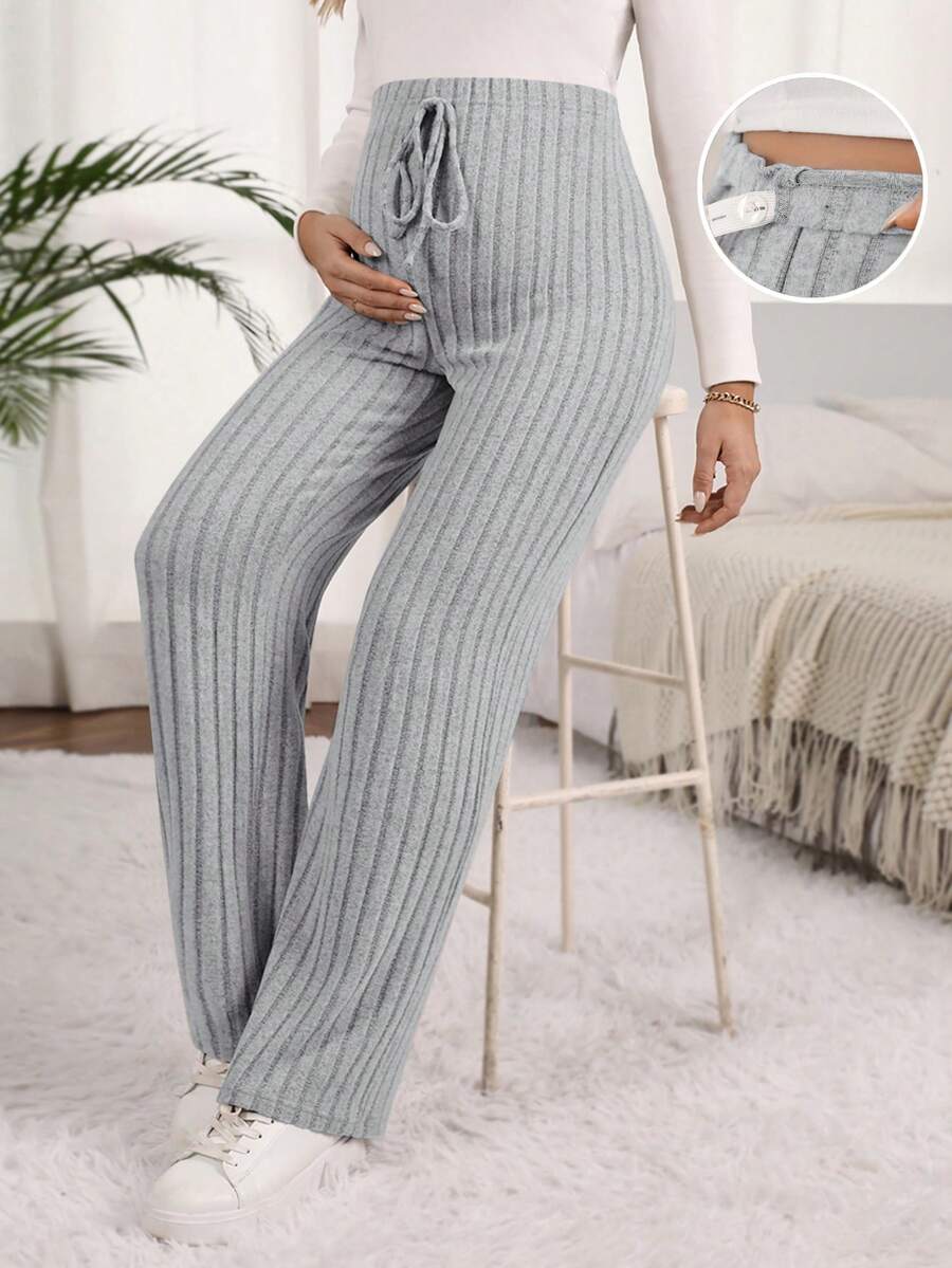 SHEIN 孕婦純色可調腰圍休閒百搭日常穿著長褲 - 淺灰色 - 查看 1