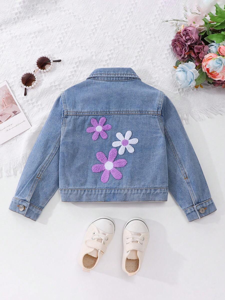 Elladie kids 女童牛仔夾克外套,新品上市,休閒牛仔女郎甜美俏皮可愛風,淺洗藍色,背後精緻毛絨3D花朵刺繡 - 淺色水洗藍 - 查看 1
