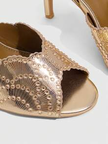 CUCCOO SZL Champagne Gold Rhinestone Stiletto Sandals Women, Open-Toed Back Strap Banquet Style High-Heeled Sandals - Champagne - View 5