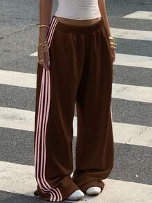 Muchica Women's Casual Brown Cotton Blend Knitted Wide Leg Sweatpants - Brown - View 5