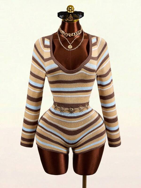 Mistrie Women's Knit Jumpsuit, Colorful Khaki Striped Cutout Button Large Scoop Neck Long Sleeve Slim Fit Casual Sexy Tight Autumn/Winter Outfit