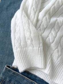 SHEIN 青少年女孩休閒學院風刺繡臘腸狗粗針編織V領毛衣，可愛長袖套頭衫，適合秋冬穿著，校園日常穿搭必備極簡休閒單品 - 白色 - 查看 4