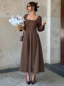 Serisse Gaun Midi Bergaris Elegan untuk Wanita, Cocok untuk Perjalanan Sehari-hari - MultiWarna - View 3
