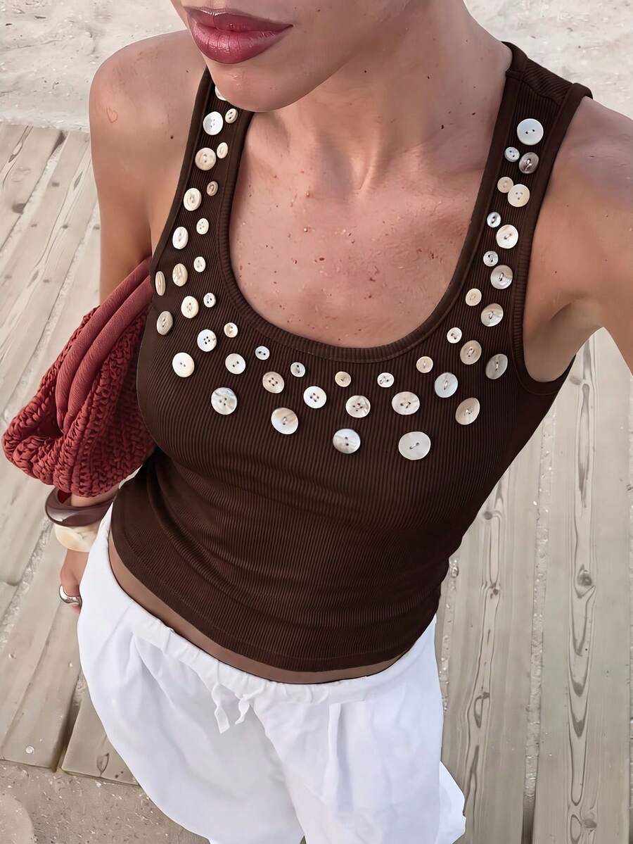 Opulessa 女款羅紋貝殼鈕扣裝飾休閒背心 - 棕色 - 查看 1