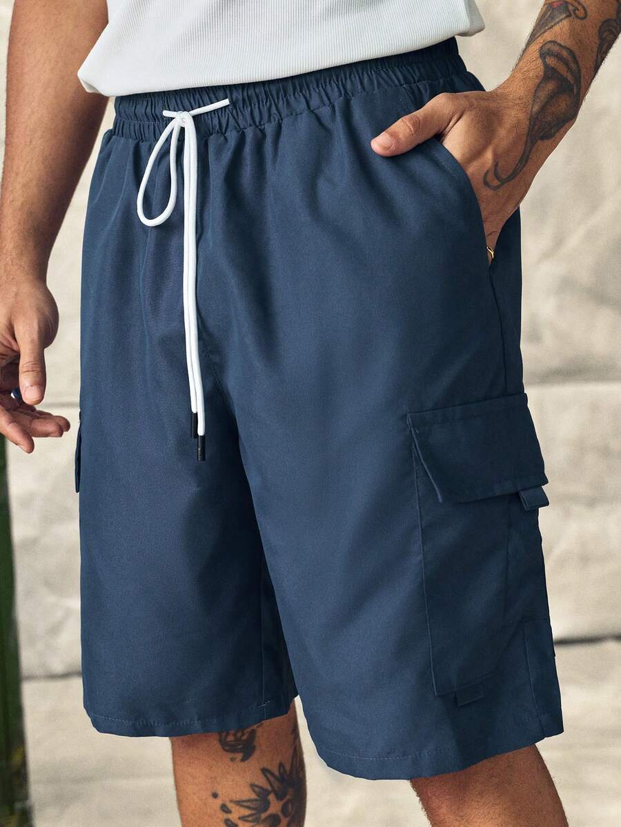 Norleigh Men's Navy Blue Street Drawstring Work Shorts,Fashionable Cool Streetwear,Gift For Boyfriends Sons,Daily Party School Cargo Pants - Navy Blue - View 1