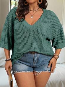SHEIN CURVE+ Plus Size Solid Color V-Neck Hollow Out Short Sleeve Loose Casual Pullover Sweater For Women, Suitable For Spring Summer Formal Teal - Dark Green - View 5