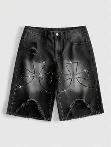 ROMWE MEN Goth 男士水洗做舊寬鬆休閒直筒百搭牛仔短褲 - 黑色 - 查看 1