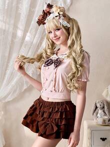 ROMWE Kawaii 秋冬輕量蘿莉塔風可愛甜美女孩領短版雙排扣蝴蝶結裝飾女款襯衫 - 粉色 - 查看 9