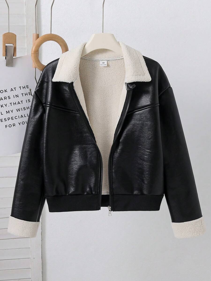 SHEIN Girls' (Big) Black Zippered Lapel Ribbed Cuff Streetwear Cool Versatile Motorcycle PU Leather Loose Jacket, Autumn/Winter Outfit - Black - View 1